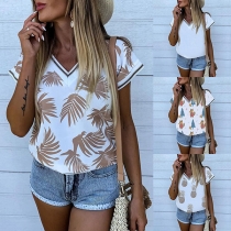 Fashion Short Sleeve V-neck Printed T-shirt(The size runs small)