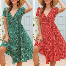 Sexy V-neck Slit Hem Short Sleeve High Waist Printed Dress