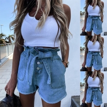 Fashion High Waist Denim Shorts with Waist Strap