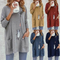 Cute Cat Printed Long Sleeve V-neck Loose T-shirt