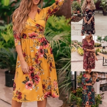 Sexy V-neck Long Sleeve Printed Dress