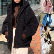Fashion Solid Color Long Sleeve Hooded Plush Coat