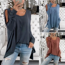 Sexy Off-shoulder Long Sleeve Round Neck Slit Hem Solid Color T-shirt