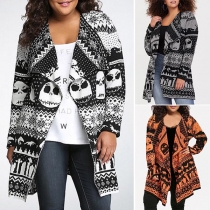 Chic Style Skull Head Printed Long Sleeve Lapel Knit Cardigan