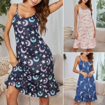 Sexy Backless Ruffle Hem Printed Sling Nightwear Dress