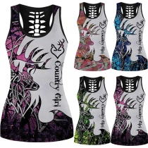 Sexy Backless U-neck Elk Printed Slim Fit Tank Top