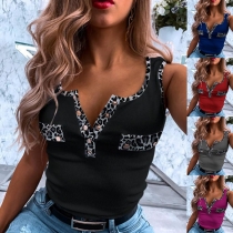 Fashion Leopard Spliced Sleeveless V-neck Slim Fit Tank Top
