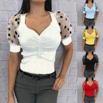 Fashion Dots Gauze Spliced Puff Sleeve V-neck Slim Fit T-shirt