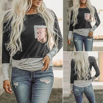 Fashion Sequin Striped Spliced Long Sleeve Round Neck T-shirt