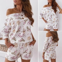 Chic Style Bicycle Printed Long Sleeve Top + Shorts Two-piece Set