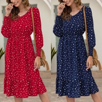 Fashion Long Sleeve V-neck Ruffle Hem Dots Printed Dress