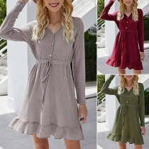 Fashion Solid Color Long Sleeve V-neck Ruffle Hem Dress