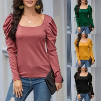 Fashion Puff Sleeve Square Collar Solid Color T-shirt