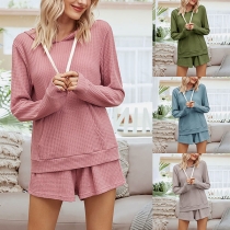 Mode Enfärgad långärmad luvtröja + shorts tvådelad uppsättning