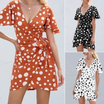 Sexy V-neck Lotus Sleeve Irregular Hem Dots Printed Dress