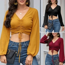 Sexy V-neck Long Sleeve Solid Color Drawstring Crop Top