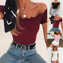 Sexy Off-shoulder Boat Neck Short Sleeve Solid Color Bodysuit