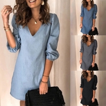 Fashion Solid Color Long Sleeve V-neck Dress