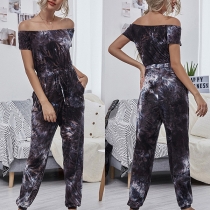Sexy Off-shoulder Boat Neck Short Sleeve High Waist Printed Jumpsuit
