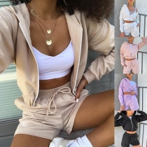 Fashion Solid Color Long Sleeve Hooded Crop Top + Shorts Two-piece Set