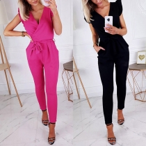 Sexy V-neck Sleeveless High Waist Solid Color Jumpsuit
