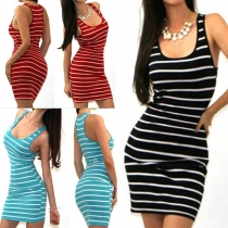 Fashion Sleeveless U-neck Slim Fit Striped Tank Dress