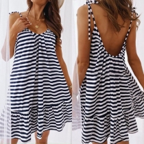 Sexy Backless V-neck Ruffle Hem Sling Striped Dress