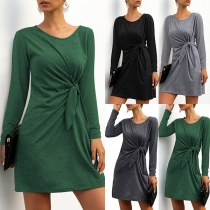 Fashion Solid Color Long Sleeve Round Neck Knotted Dress