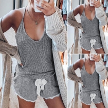 Sexy Backless V-neck Sling Knit Top + Shorts two-piece Set