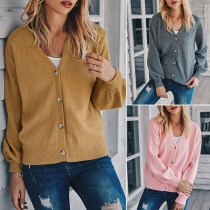 Fashion Solid Color Long Sleeve V-neck Knit Cardigan