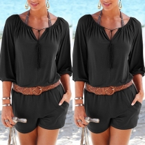 Solid Color Half Sleeve V-ringad Romper