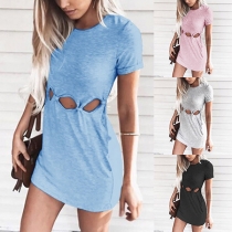 Sexy Hollow Out Short Sleeve Round Neck Solid Color Dress