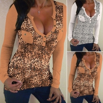 Fashion Long Sleeve V-neck Slim Fit Leopard Printed T-shirt