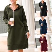 Fashion Solid Color Long Sleeve Hooded Sweatshirt Dress