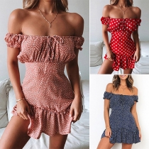 Sexy Off-shoulder Boat Neck Ruffle Hem Printed Dress