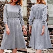 Fashion Solid Color Long Sleeve Round Neck High Waist Dress
