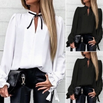 OL Style Long Sleeve V-neck Solid Color Shirt