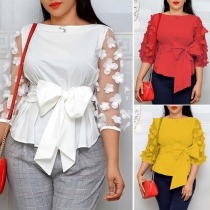 Fashion 3D Flower Gauze Spliced 3/4 Sleeve Bow-knot Top