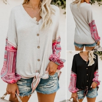 Fashion Striped Spliced Trumpet Sleeve Round Neck T-shirt