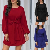 Elegant Solid Color Lantern Sleeve Round Neck Lace-up Dress