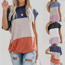 Fashion Contrast Color Oblique Shoulder Short Sleeve Twisted Hem T-shirt