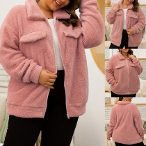 Fashion Solid Color Long Sleeve POLO Collar Plush Coat