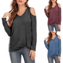 Sexy Off-shoulder Long Sleeve V-neck Twisted Hem T-shirt