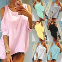 Sexy Off-shoulder 3/4 Sleeve Irregular Hem Solid Color T-shirt
