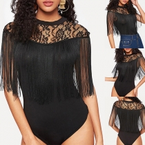 Sexy Lace Spliced Sleeveless Round Neck Tassel Bodysuit