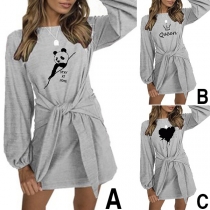 Fashion Letters Printed Lantern Sleeve Round Neck Lace-up Dress