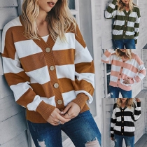 Fashion Long Sleeve V-neck Striped Knit Cardigan