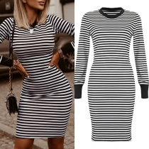 Fashion Long Sleeve Round Neck Slim Fit Striped Dress