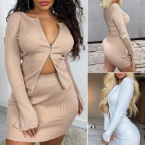 Fashion Long Sleeve Round Neck Zipper Top + Skirt Two-piece Set