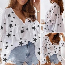 Fashion Long Sleeve V-neck Star Printed Loose Chiffon Top